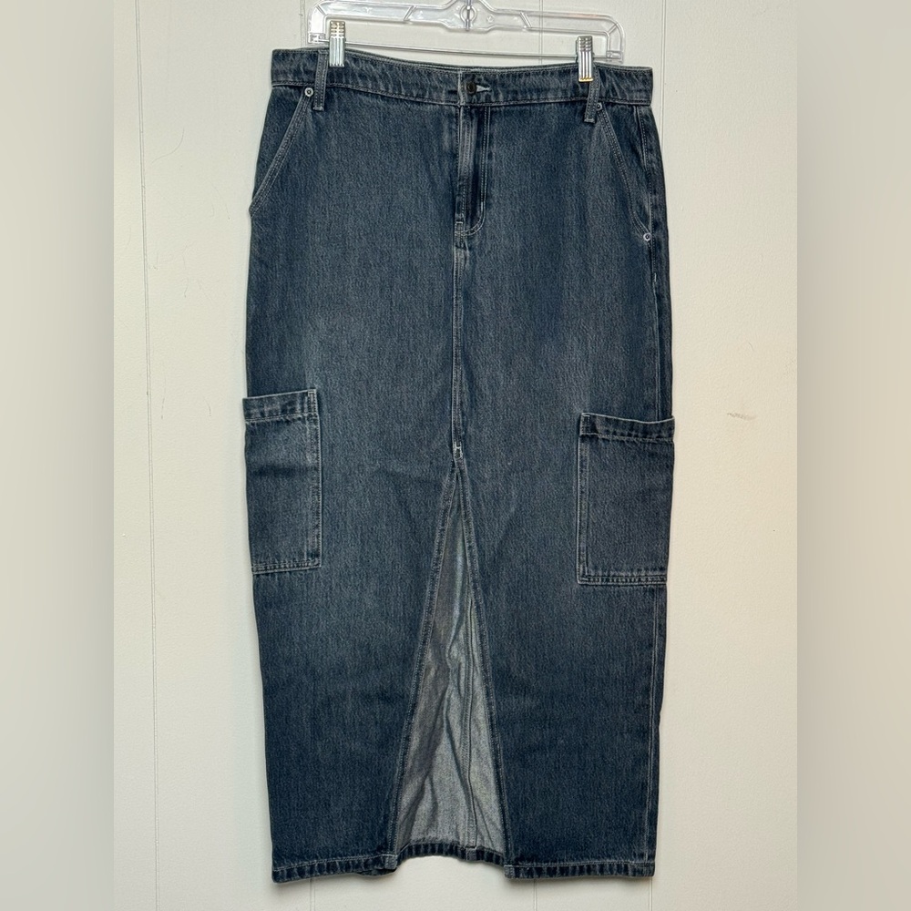 Old Navy Women Drapey Denim Cotton Blend Mid-Rise 6 Pocket Front Slit Skirt Sz 8
